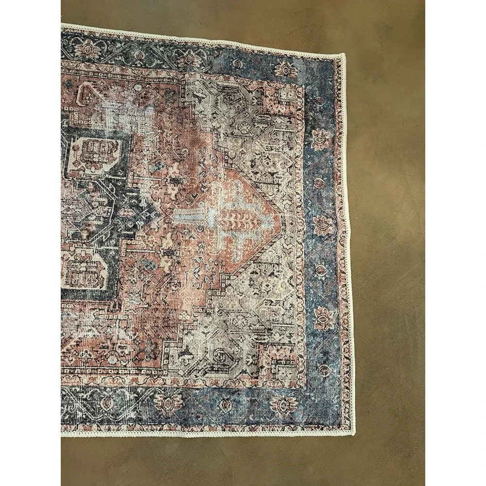 Machine Washable Rug 3'X5' Adiva Milano MLN17 Blue Orange Cream Faded-Look
